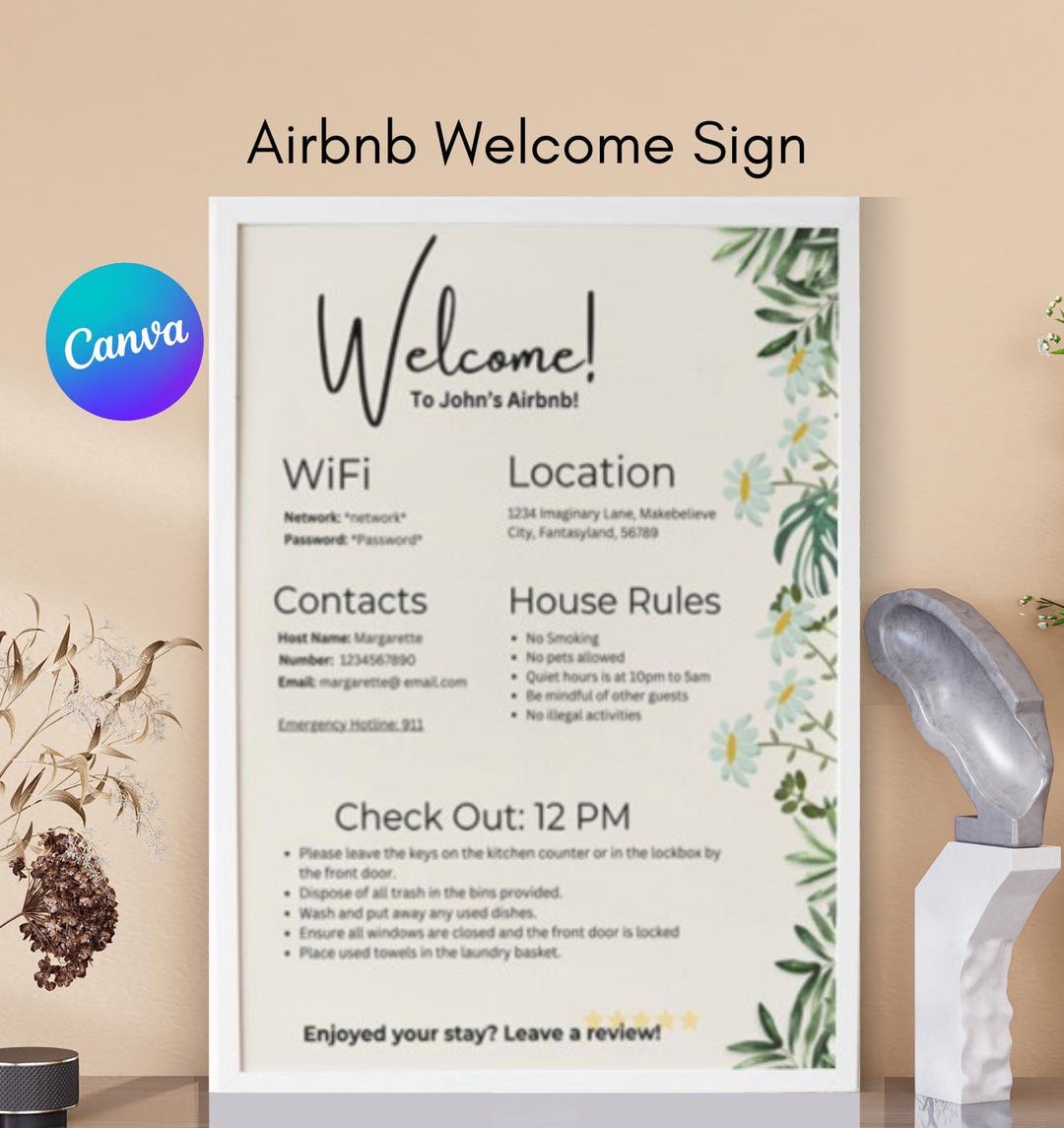 Airbnb Welcome Sign Canva Template| Botanical Beige Vacation Rental ...