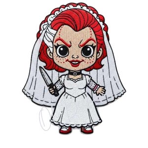 May include: Embroidered patch featuring a cartoon bride with red hair, freckles, and a stern expression. She wears a white wedding dress, veil, and holds a knife. The patch has a black choker and red shoes, set against a white background.