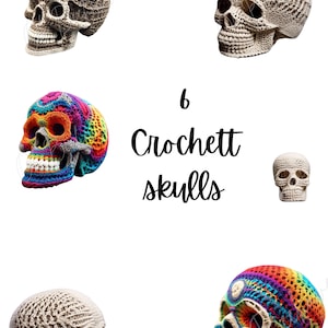 KEIN MUSTER! Nur zum Herunterladen. 6 Bilder. Rainbow Skulls in einzigartigem Häkel Design. Perfekt für Print on Demand und Clipart. PNG.