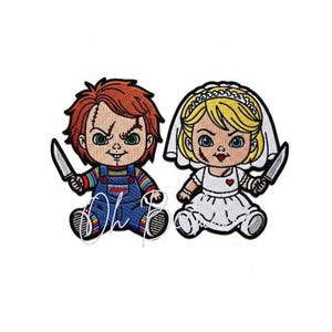 May include: Embroidered patch featuring two cartoon characters. One has red hair, blue overalls, and a knife. The other is a bride with blonde hair, a veil, and a knife. The text "Oh F" is visible.
