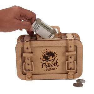 Wooden Travel Funds Suitcase Piggy Bank | Adventure Fund | Money Box | Vacation Fund | Travel Savings | Adult Bank | Table Decoration