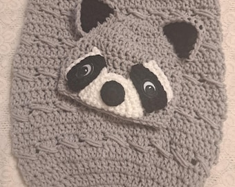 Hand Crocheted Raccoon Snuggler Swaddle with Hat – Newborn Photo Prop, Gender Neutral