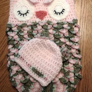113--Owl Baby Cocoon with hat in baby girl camo colors. Baby Blanket, Handmade, Photo Prop, Crochet, Baby Shower Gift - FREE SHIPPING