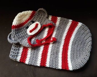 Crocheted Sock Monkey Infant Costume – Newborn Snuggle Sac/Photo Prop, Hand Knit