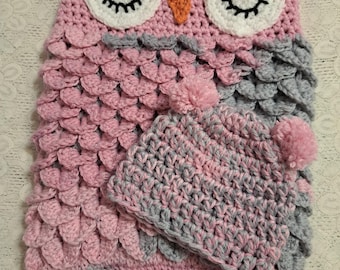 Crochet Owl Baby Cocoon with Hat: Pink & Gray Photo Prop