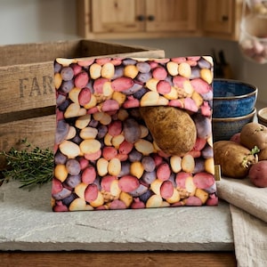 May include: A reusable potato storage bag with a colorful pattern of various potato varieties. A large potato is partially visible, emerging from the bag. Other potatoes are arranged nearby on a stone surface, suggesting fresh produce storage.