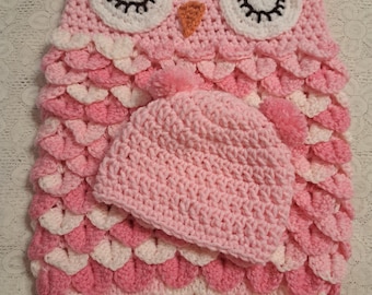 Crochet Owl Baby Cocoon with Hat: Handmade Pink & White Photo Prop