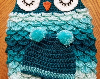 114--Owl Baby Cocoon with hat. Teal ombre. Baby Blanket, Handmade, Photo Prop, Crochet, Baby Shower Gift