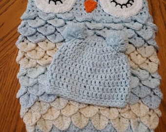 107 - All cotton - Owl Baby Cocoon with hat. Baby Blanket, Handmade, Photo Prop, Crochet, Baby Shower Gift - FREE SHIPPING