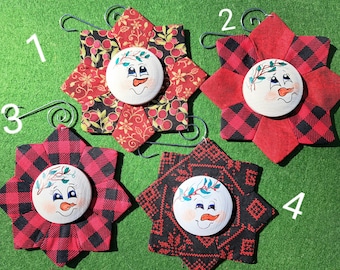 Snowman ornament - Fabric Dresden plate behind a domed wooden handprints snowman