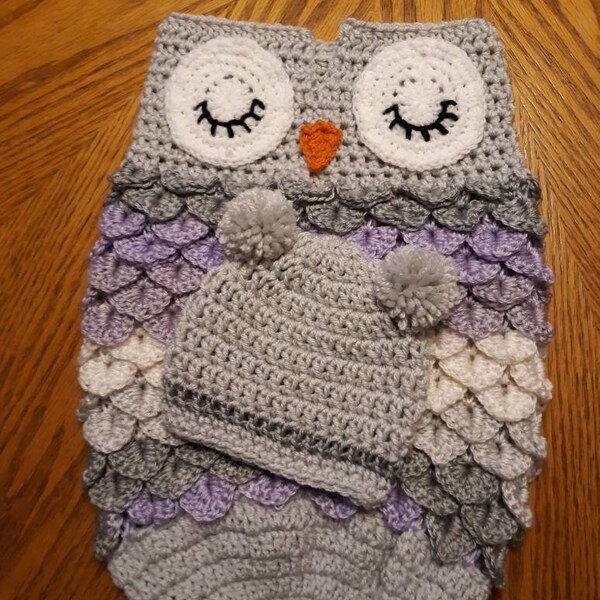 Owl Baby Cocoon with hat in baby girl colors. Baby Blanket, Handmade, Photo Prop, Crochet, Baby Shower Gift - FREE SHIPPING