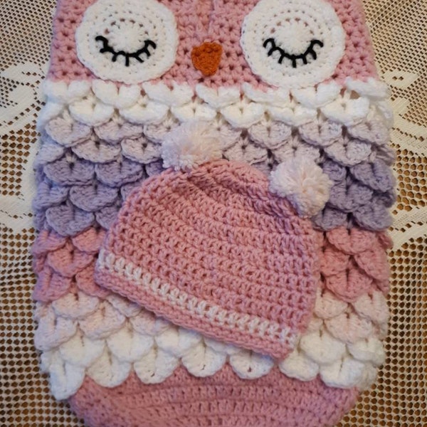 111 -  Owl Baby Cocoon with hat in baby girl colors. Baby Blanket, Handmade, Photo Prop, Crochet, Baby Shower Gift - FREE SHIPPING