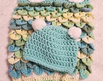 Crocheted infant Owl Baby Cocoon snuggler with hat