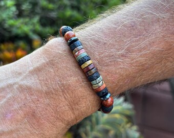 Lava Rock Men's Bracelet: Picasso Jasper & Hematite Beaded Jewelry