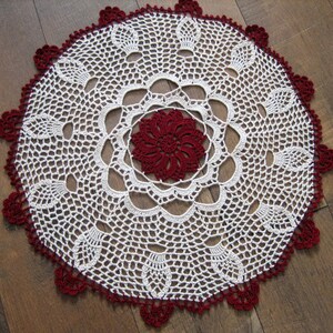 Crochet lace, table center/ doily, fall,made by Demet, ecru, burgundy fabulous, great for the season