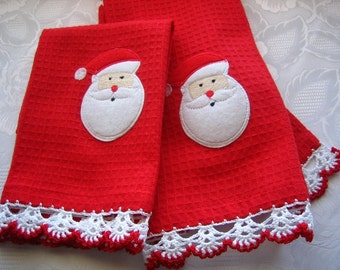 Holiday kitchen accessories Santa kitchen towel, set of 2, handmade crochet edged, new, very cute