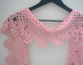 Crochet scarf, very feminine, PINK,new, seasonal  accessory for her, NARROW,soft and beautiful,made by Demet