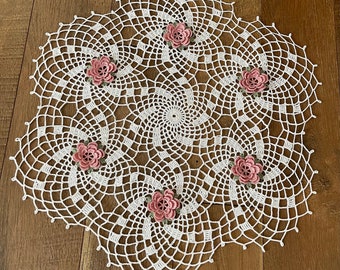 Dancing roses, hand made doily, new, made to order