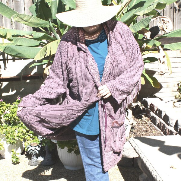 Plus Size Bohemian Vintage Repurposed Chenille Bedspread Coat - Vintage Clothing Plus Size Outerwear - Mauve