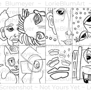 May include: Black and white line art illustration of a face with a large eye, a cat, a geometric shape, lips, and a robot. The art is divided into six squares.