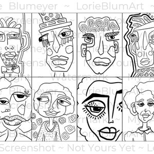 Op de afbeelding: Een digitale kunstprint met acht zwart-wit illustraties van gestileerde gezichten. Elk gezicht heeft unieke kenmerken en uitdrukkingen. Het kunstwerk is getiteld "Not Screenshot ~ Not Yours Yet ~ Lorie".