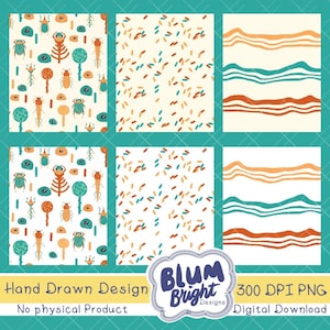 以下が含まれることがあります： さまざまなパターンが特徴の6つのデジタルアートプリント。デザインには、昆虫や植物のイラスト、散らばった斑点、ターコイズ、オレンジ、クリーム色の波線が含まれています。プリントには「Hand Drawn Design」と「Digital Download」と記載されています。
