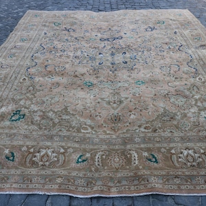 Vintage Turkish Area Rug, 9x12ft, Elegant Beige Design, Intricate Floral Patterns, Traditional Handmade Carpet Decor
