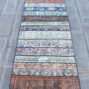 3x9 Runner Rug, Vintage Rug, Patchwork Rug, Turkish Rug, Oushak Rug, Rugs For Corridor, 2.8x9.1 ft Blue Rug, Vintage Wool Rug, Antique Rug,