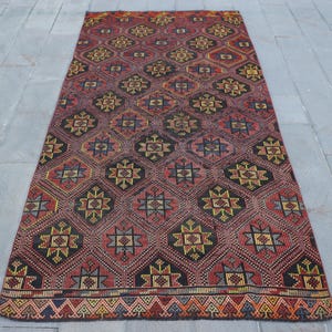 Large Kilim, Turkish Kilim, Embroidered Vintage Kilim, Antique Kilim, Rugs For Dining Room, 5.2x10.5 ft Pink Kilim, Boho Chic Turkish Kilim,