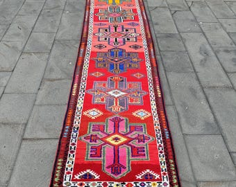 3x13 Runner Rugs, Vintage Rug, Turkish Rug, Herki Rug, Anatolian Rugs, Rugs For Corridor, 2.8x12.4 ft Red Rug, Neutral Vintage Oushak Rug