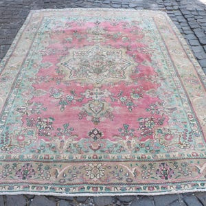 6.9x9.7 ft Turkish Rug, Vintage Large Rug, Pink Patchwork Wool Rug