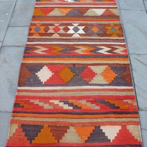Vintage Kilim, Accent Kilim, Turkish Kilim, Geometric Kilim, Rugs For Kitchen, 3.1x7.3 ft Red Kilim, Hand-Knotted Wool Rug, Decorative Kilim