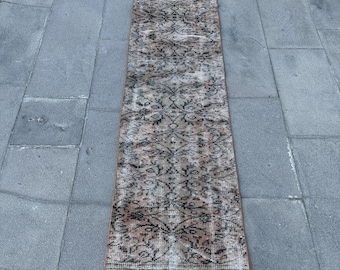 Vintage Rug, Turkish Rug, 2x6 Runner Rugs, Oushak Rugs, Rugs For Kitchen, 1.6x6 ft Brown Rug, Turkish Rug With Floral Patterns, Wool Rug,