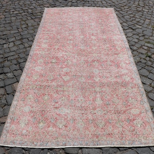 Alfombra turca vintage, alfombra de área de 4.1 x 8.7 pies, alfombra de lana con degradado rojo y azul.