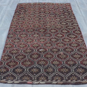 Turkish Kilim, Large Kilim, Embroidered Vintage Kilim, Anatolian Kilim, Rugs For Salon, 5.2x8.1 ft Pink Kilim, Modern Minimalist Wool Rug,