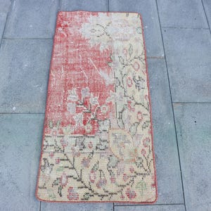 Vintage Rug, Small Rug, Turkish RugKilim, Anatolian Rug, Rugs For Entry, 1.6x3.5 ft Red Rug, Neutral Decorative Wool Rug, Floral Oushak Rug,