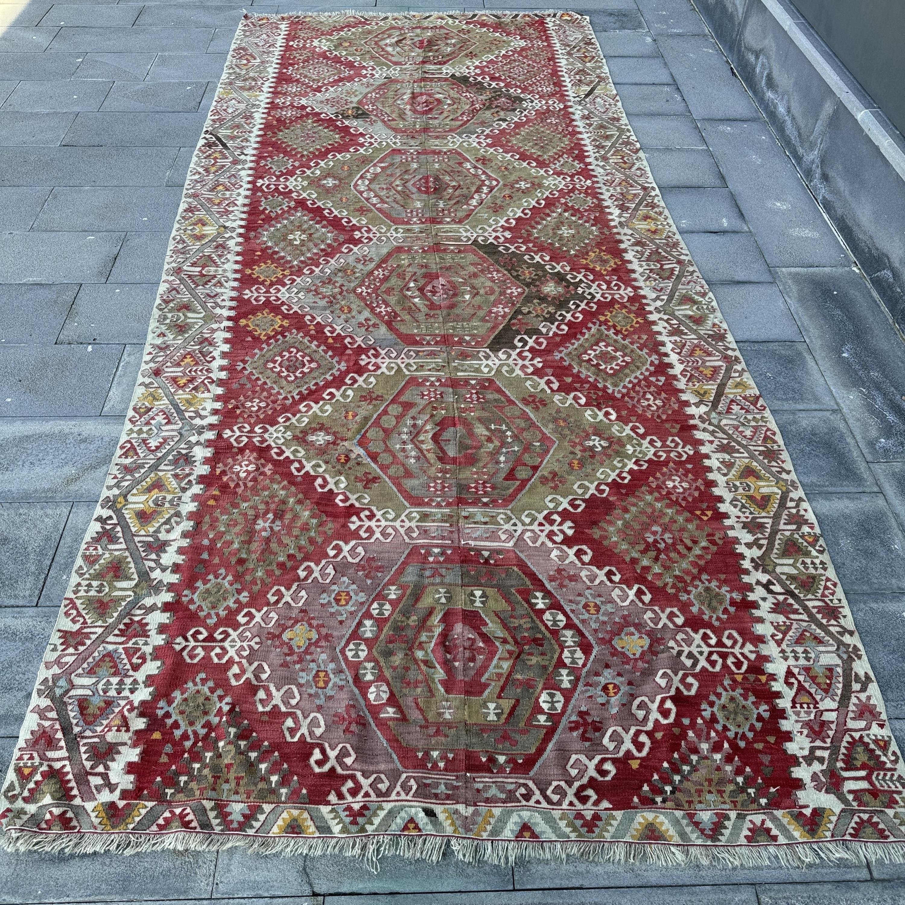 Turkish Vintage Rug 5.6x13.1 Ft (172x399 Cm), Kilim Red Abstract