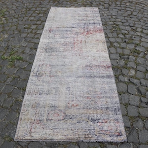 2.8x8.5 ft Turkish Rug, Vintage Runner Rug, Gray Red Bordered Wool Rug