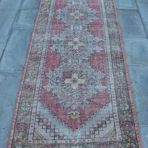 Vintage Rug, 3x9 Runner Rug, Turkish Rug, Oushak Rug, Rugs For Corridor, 3.1x9.3 ft Red Rug, Hand-Knotted Wool Area Rug, Stair Runner Rug,