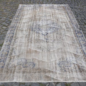 Vintage Turkish Rug, Faded Beige and Blue Design, Distressed Look, Bohemian Style, Handwoven Area Carpet, 5x9ft, Unique Home Decor