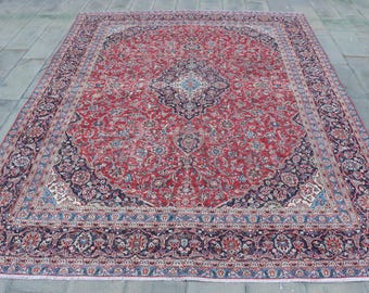 フラワータイル風ヴィンテージラグ　トルコラグ　110cm × 192cm ヴィンテージトルコラグ、特大10 x 12フィート、ピンクとブルーの花柄