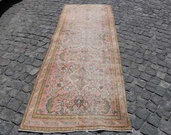 Turkish Rug, Vintage Rug, 4x10 Runner Rugs, Faded Oushak Rug, Rugs For Corridor, 3.1x9.2 ft Pink Rug, Hand-Knotted Wool Rug, Oriental Rug