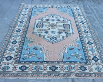 Turkish Vintage Rug, 6x7.6 ft Large Rug, Blue Pink Southwestern Rug