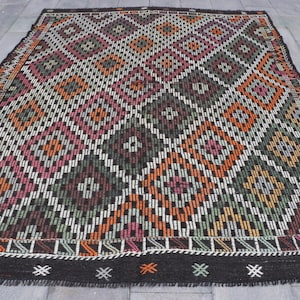 Turkish Kilim, Large Kilim, Vintage Kilim, Antique Embroidered Kilim, Rugs For Living Room, 7.1x9 ft Pink Kilim, Boho Chic Turkish Kilim,