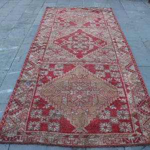 5x10 Large Rug, Vintage Rug, Turkish Rug, Faded Oushak Rug, Rugs For Salon, 4.6x10.5 ft Red Rug, Colorful Area Rug, Large Turkish Rug,