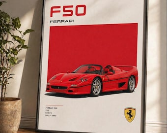 Retro Sportwagen Poster - Ferrari F50 Print, Vintage Supercar Wandkunst, 90er Jahre exotisches Auto-Dekor, klassischer Sportwagen, Geschenk für Auto-Enthusiasten