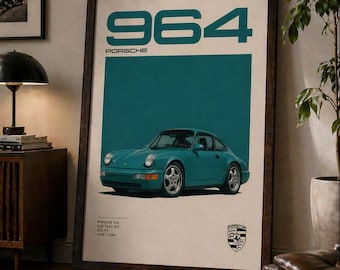 Blaugrünes Wandbild Porsche 964 Print, 911 Carrera Poster, Klassisches Porsche Kunstwerk, Minimalistisches Autodekor, Geschenk für Ihn