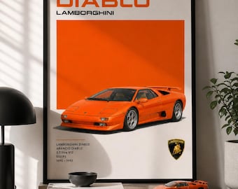 Lamborghini Diablo Poster, Retro Wall Art, Retro Supercar Print, Italian Sports Car Poster, Car Lover Gift Idea