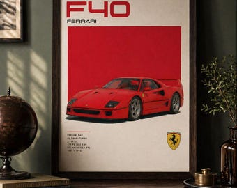 Retro Sportwagen Wandkunst, Ferrari F40 Poster Druck, Vintage Supercar Dekor, 80er Jahre Auto Kunst, Automobil-Wanddekoration, Geschenk für Autoliebhaber