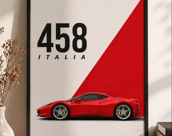 Ferrari 458 Italia Poster, Supersportwagen-Wandkunst, italienischer Sportwagendruck, Luxusdekor, moderne minimalistische Automobilkunst, Geschenk für Autoliebhaber